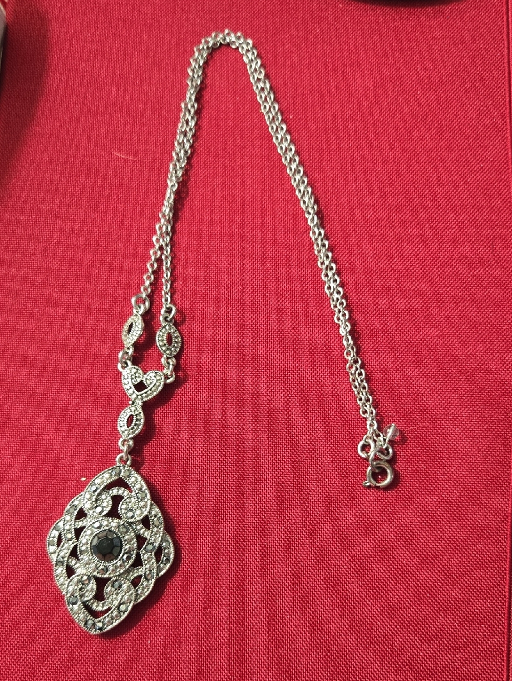 Vintage Marcasite Filigree Silver Tone  Pendant Necklace